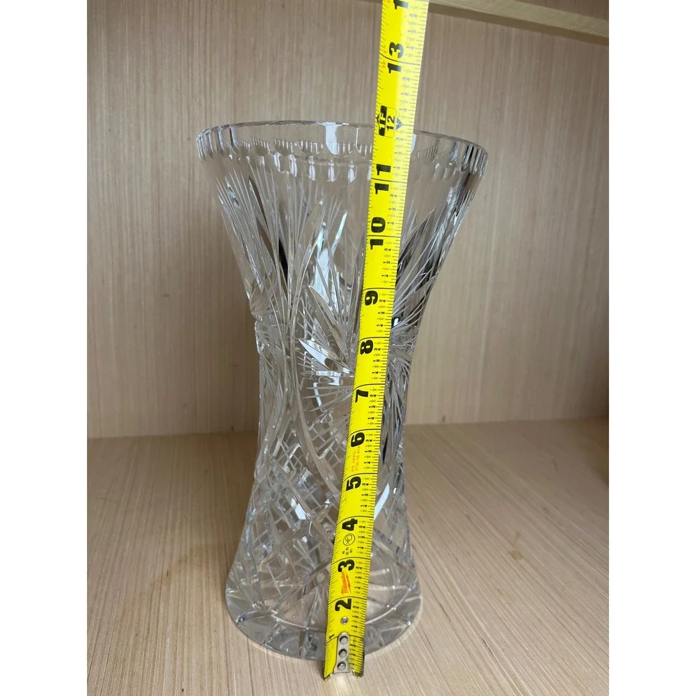 Vintage Bohemian Crystalex Cut Glass Vase Pinwheel Starburst Clear Crystal 12in